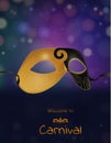 Vector gold carnival mask with shiny texture. Invitation card, welcome to carnival.