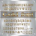Vector gold coated alphabet letters, digits and punctuation on silver background Royalty Free Stock Photo