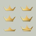 Vector gold crown with dark shadow icons set. Decoration props for medals, coins, badges, ets, isolated on dark background