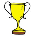 Vector gold cup. A doodle-style yellow cup with a black outline on a brown stand is a reward, side view. the number one winner Royalty Free Stock Photo