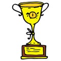 Vector gold cup. A yellow cup with the number one in the style of doodles with a black outline on a brown stand is a reward, a Royalty Free Stock Photo