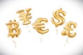 Vector Gold dollar euro yen pound sterling bitcoin symbol alphabet balloons, money and currency, Golden number and letter balloon Royalty Free Stock Photo