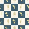 Vector Gold Fall Grass Plants on Beige and Blue Squares Background Seamless Repeat Pattern. Background for textiles Royalty Free Stock Photo