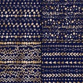 Gold foil doodle borders seamless patterns. Geometric abstract sets on dark blue background Royalty Free Stock Photo