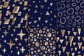 Gold foil doodles seamless patterns. Geometric abstract sets on dark blue background Royalty Free Stock Photo