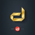 Vector gold font, Letter D. Pseudo origami style, including flat