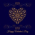 Vector Gold Fretwork Floral Heart Over Blue. Happy Valentines Day Holiday