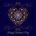 Vector Gold Fretwork Floral Heart Over Blue. Happy Valentines Day Holiday