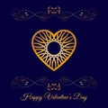 Vector Gold Fretwork Floral Heart Over Blue. Happy Valentines Day Holiday