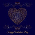 Vector Gold Fretwork Floral Heart Over Blue. Happy Valentines Day Holiday