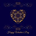 Vector Gold Fretwork Floral Heart Over Blue. Happy Valentines Day Holiday