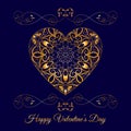 Vector Gold Fretwork Floral Heart Over Blue. Happy Valentines Day Holiday