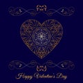 Vector Gold Fretwork Floral Heart Over Blue. Happy Valentines Day Holiday