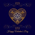 Vector Gold Fretwork Floral Heart Over Blue. Happy Valentines Day Holiday