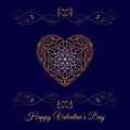 Vector Gold Fretwork Floral Heart Over Blue. Happy Valentines Day Holiday