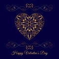 Vector Gold Fretwork Floral Heart Over Blue. Happy Valentines Day Holiday