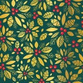 Vector gold and green holly berry holiday seamless pattern background. Great for winter themed packaging, giftwrap Royalty Free Stock Photo