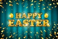 Vector gold Happy Easter balloon drawn on blue background. Illustration painted bright golden confetti color Card