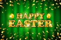 Vector gold Happy Easter balloon drawn on green background. Illustration painted bright golden confetti color Card