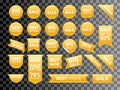 Vector gold labels isolated on white background. Sale promotion, website stickers, new offer badge collection. Flat badges