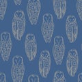 Vector Gold Line Art Floral Owls on Blue Background Seamless Repeat Pattern. Background for textiles, cards Royalty Free Stock Photo