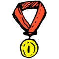 Vector Gold medal on a badge with a red ribbon. Round doodle-style medal with number one yellow on white for a sports event design Royalty Free Stock Photo