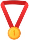 Vector gold medal on red ribbon conceptual of an award for victory winning first placement Royalty Free Stock Photo