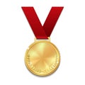 Vector gold medal on red ribbon with laurel wreath. Royalty Free Stock Photo