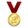 Vector gold medal on red ribbon with laurel wreath. Royalty Free Stock Photo