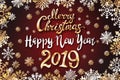 Vector gold Merry christmas greetings and Happy new year 2019 dark red background. golden snowflakes Royalty Free Stock Photo