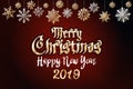 Vector gold Merry christmas greetings and Happy new year 2019 dark red background. golden snowflakes Royalty Free Stock Photo