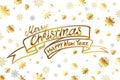 Vector gold Merry Christmas and happy new year Card. Golden Snowflakes and Stars Shiny Glitter. Calligraphy Greeting Poster Templa Royalty Free Stock Photo