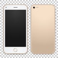 Vector gold mobile phone template with empty screen. Detailed front and back view of smartphone.