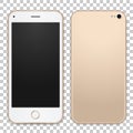Vector gold mobile phone template with empty screen. Detailed front and back view of smartphone.