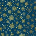 Vector gold and nay blue snowflakes seamless repeat pattern background. Great for winter holiday fabric, giftwrap Royalty Free Stock Photo