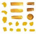 Vector Gold Paint Brush Strokes, Different Shapes, Isolated. Royalty Free Stock Photo