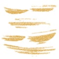 Vector gold paint smears set. Gold glitter element on white background. Gold shiny paint stroke. Abstract gold glitter dust. Royalty Free Stock Photo