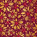 Vector gold and red holly berry holiday seamless pattern background. Great for winter themed packaging, giftwrap, gifts