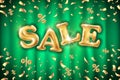 Vector Gold sale balloons background on green curtain store banners, advertising, shopping. Logo, logotype, sign, symbol. text, se Royalty Free Stock Photo