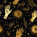 Vector gold seamless pattern of hands with signs magic sun and stars. Mystical esoteric trendy background Royalty Free Stock Photo