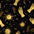 Vector gold seamless pattern of hands with signs magic sun and stars. Mystical esoteric trendy background Royalty Free Stock Photo
