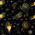 Vector gold seamless pattern of hands with signs magic sun and stars. Mystical esoteric trendy background Royalty Free Stock Photo