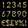 Vector gold shiny font set currency, numbers and special symbols