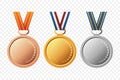 Vector Gold, Silver, and Bronze Award Medal Icon Set with Color Ribbons Close-up Isolated. First, Second, Third Place Royalty Free Stock Photo