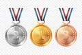 Vector Gold, Silver, and Bronze Award Medal Icon Set with Color Ribbons Close-up Isolated. First, Second, Third Place Royalty Free Stock Photo