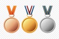 Vector Gold, Silver, and Bronze Award Medal Icon Set with Color Ribbons Close-up Isolated. First, Second, Third Place Royalty Free Stock Photo