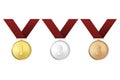 Vector gold, silver and bronze award medals with red ribbons set isolated on white background. The first, second, third Royalty Free Stock Photo
