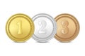 Vector gold, silver and bronze award medals set isolated on white background. The first, second, third prizes. Royalty Free Stock Photo