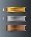 Vector gold, silver, bronze horizontal ribbons with text space isolated on gray background.