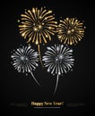 Vector gold and silver fireworks on black background.